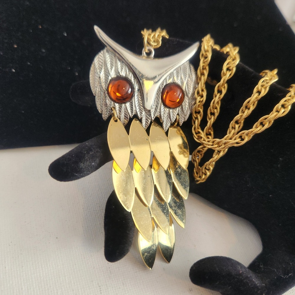 Vintage Articulated Owl Pendant Necklace Gold Silver Tone Amber Eyes Boho large - Picture 12 of 13